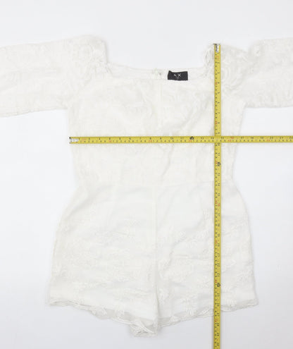 AX Paris Women White Lace Playsuit Size 14 Long Sleeve Party Romper