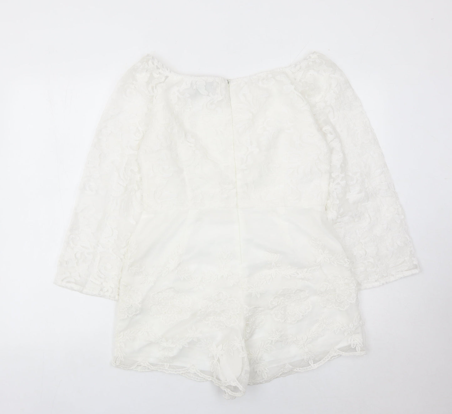 AX Paris Women White Lace Playsuit Size 14 Long Sleeve Party Romper