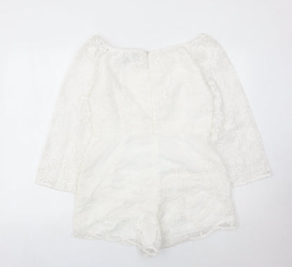 AX Paris Women White Lace Playsuit Size 14 Long Sleeve Party Romper