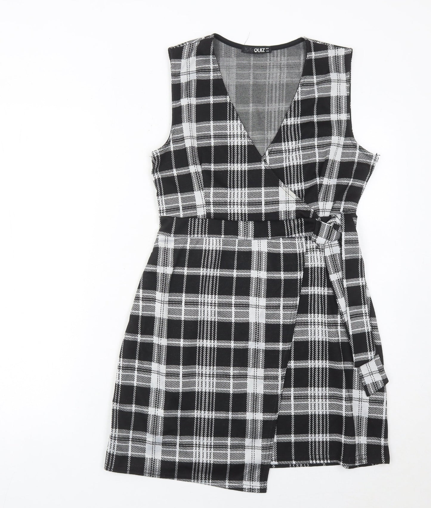 Quiz Womens Black Checked Plaid Wrap Dress Size 12 Sleeveless