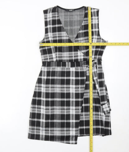 Quiz Womens Black Checked Plaid Wrap Dress Size 12 Sleeveless