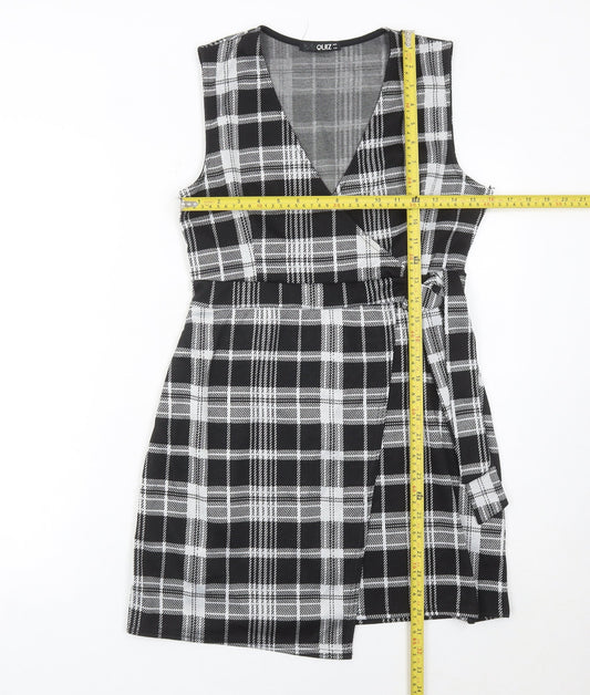 Quiz Womens Black Checked Plaid Wrap Dress Size 12 Sleeveless