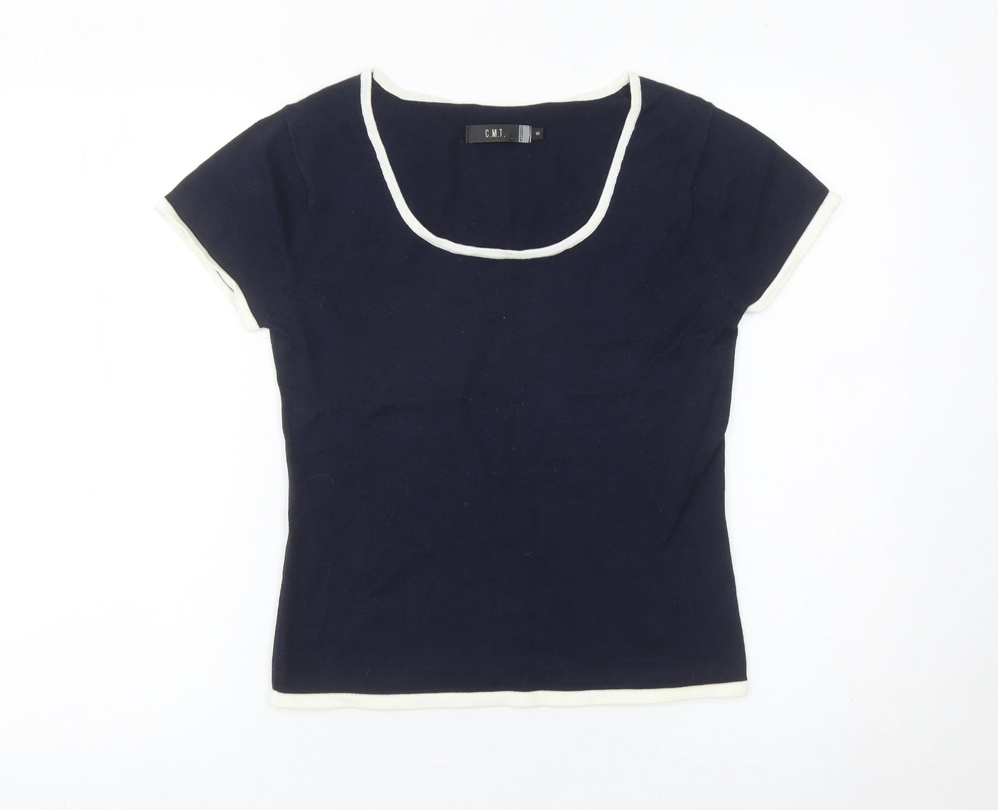 Jeff & Co Women’s Blue Square Neck Short Sleeve Cotton Pullover Jumper S
