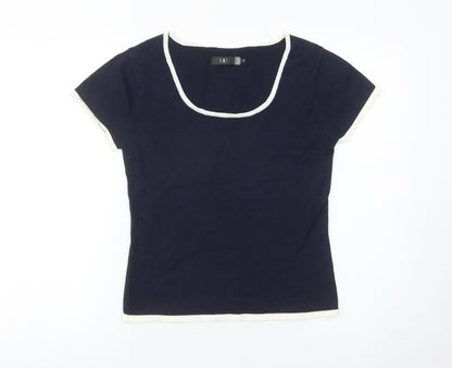 Jeff & Co Women’s Blue Square Neck Short Sleeve Cotton Pullover Jumper S
