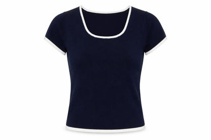 Front view of Jeff & Co Women’s Blue Square Neck Short Sleeve Cotton jumper S