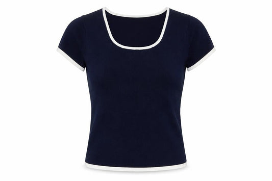 Front view of Jeff & Co Women’s Blue Square Neck Short Sleeve Cotton jumper S