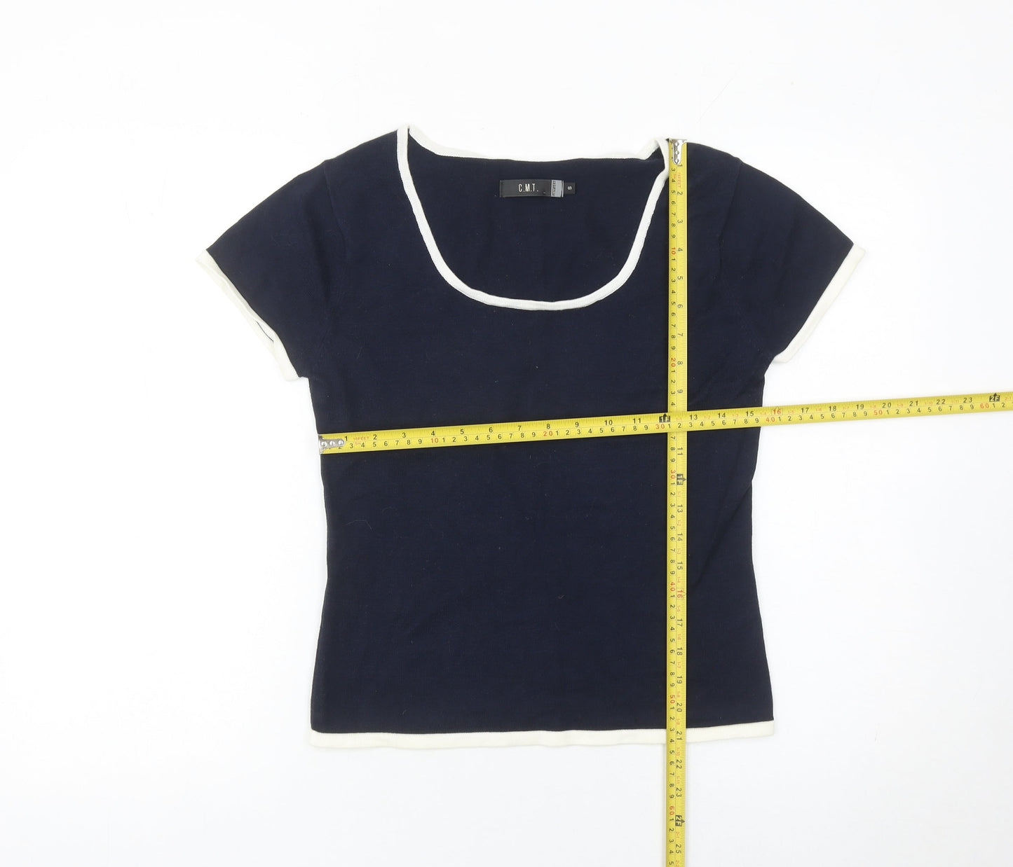 Jeff & Co Women’s Blue Square Neck Short Sleeve Cotton Pullover Jumper S