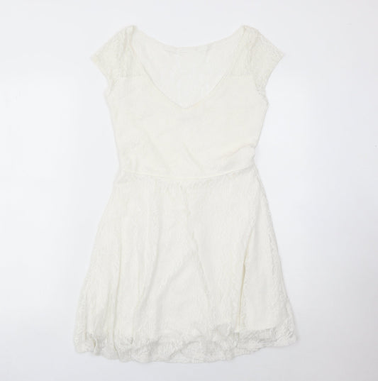 Hollister Women Ivory Lace Skater Dress Short Sleeve S