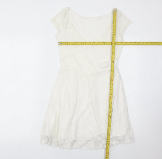 Hollister Women Ivory Lace Skater Dress Short Sleeve S