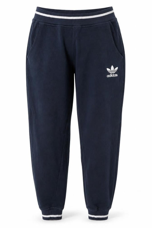 Front view of Adidas women’s blue jogger trousers, size UK 8, cotton blend