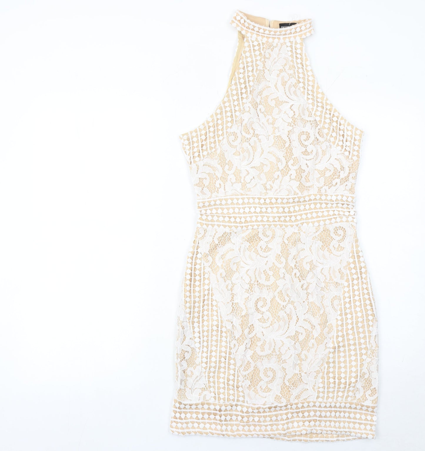 PrettyLittleThing Women’s Beige Lace Bodycon Halter Dress Size 8