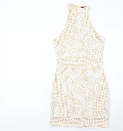 PrettyLittleThing Women’s Beige Lace Bodycon Halter Dress Size 8