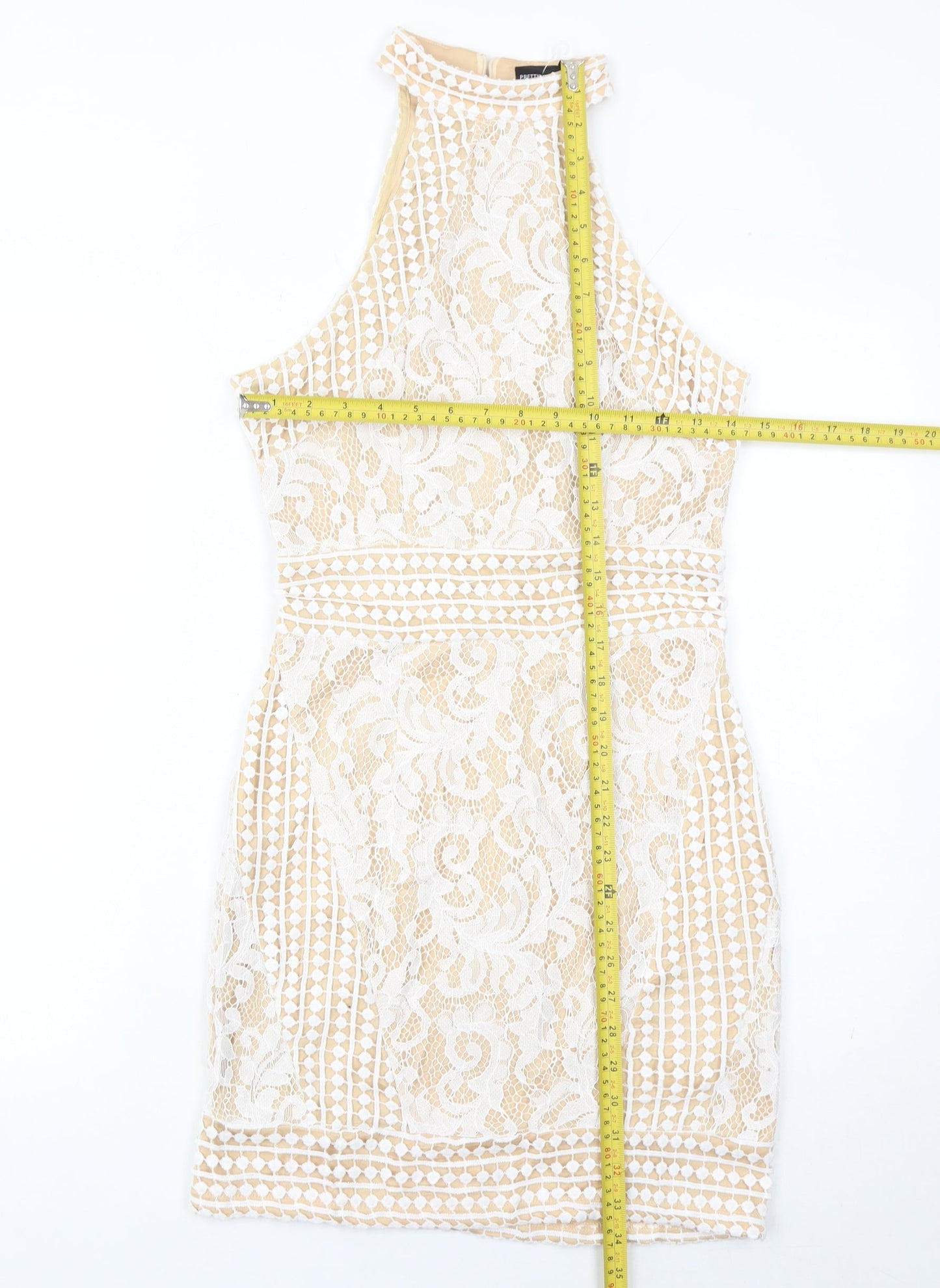 PrettyLittleThing Women’s Beige Lace Bodycon Halter Dress Size 8