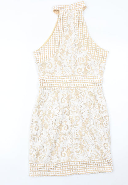 PrettyLittleThing Women’s Beige Lace Bodycon Halter Dress Size 8