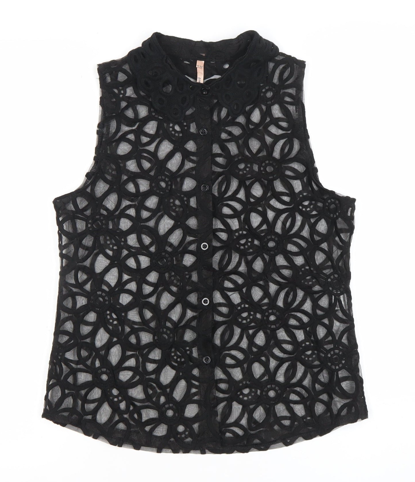 Sweewë Women’s Black Lace Floral Sleeveless Button-Up Top Size S