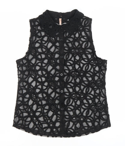 Sweewë Women’s Black Lace Floral Sleeveless Button-Up Top Size S