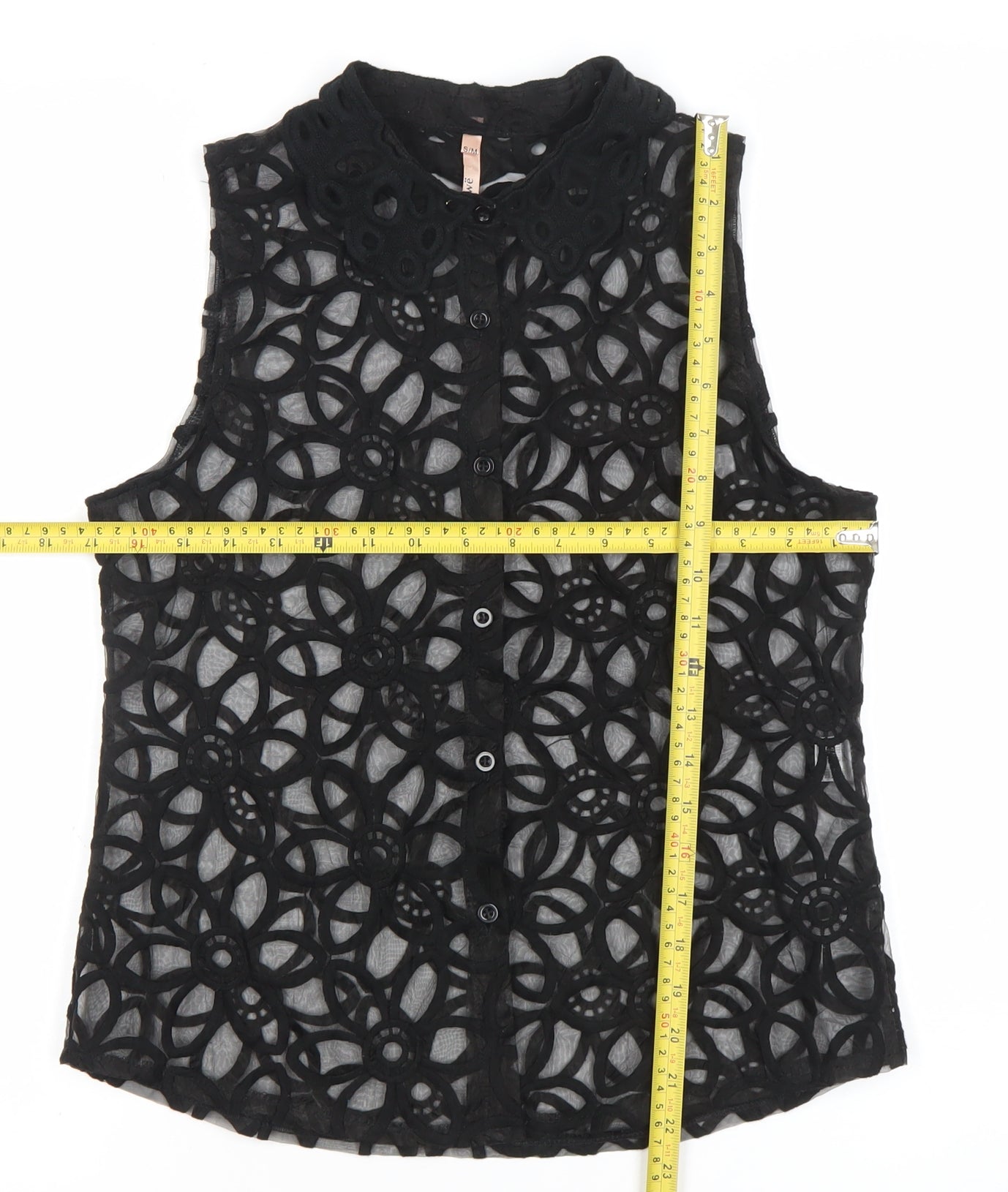 Sweewë Women’s Black Lace Floral Sleeveless Button-Up Top Size S