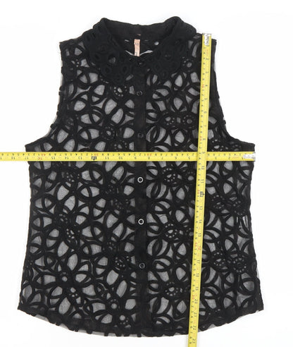 Sweewë Women’s Black Lace Floral Sleeveless Button-Up Top Size S