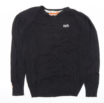 Superdry Mens Black V-Neck Cotton Pullover Jumper Size M