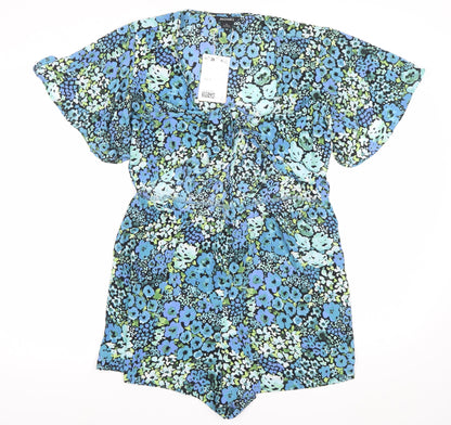 Monki Womens Multicoloured Floral Playsuit Size 12 V-Neck Short Sleeve