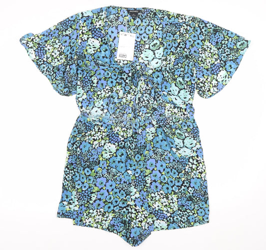 Monki Womens Multicoloured Floral Playsuit Size 12 V-Neck Short Sleeve