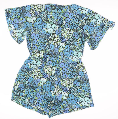 Monki Womens Multicoloured Floral Playsuit Size 12 V-Neck Short Sleeve