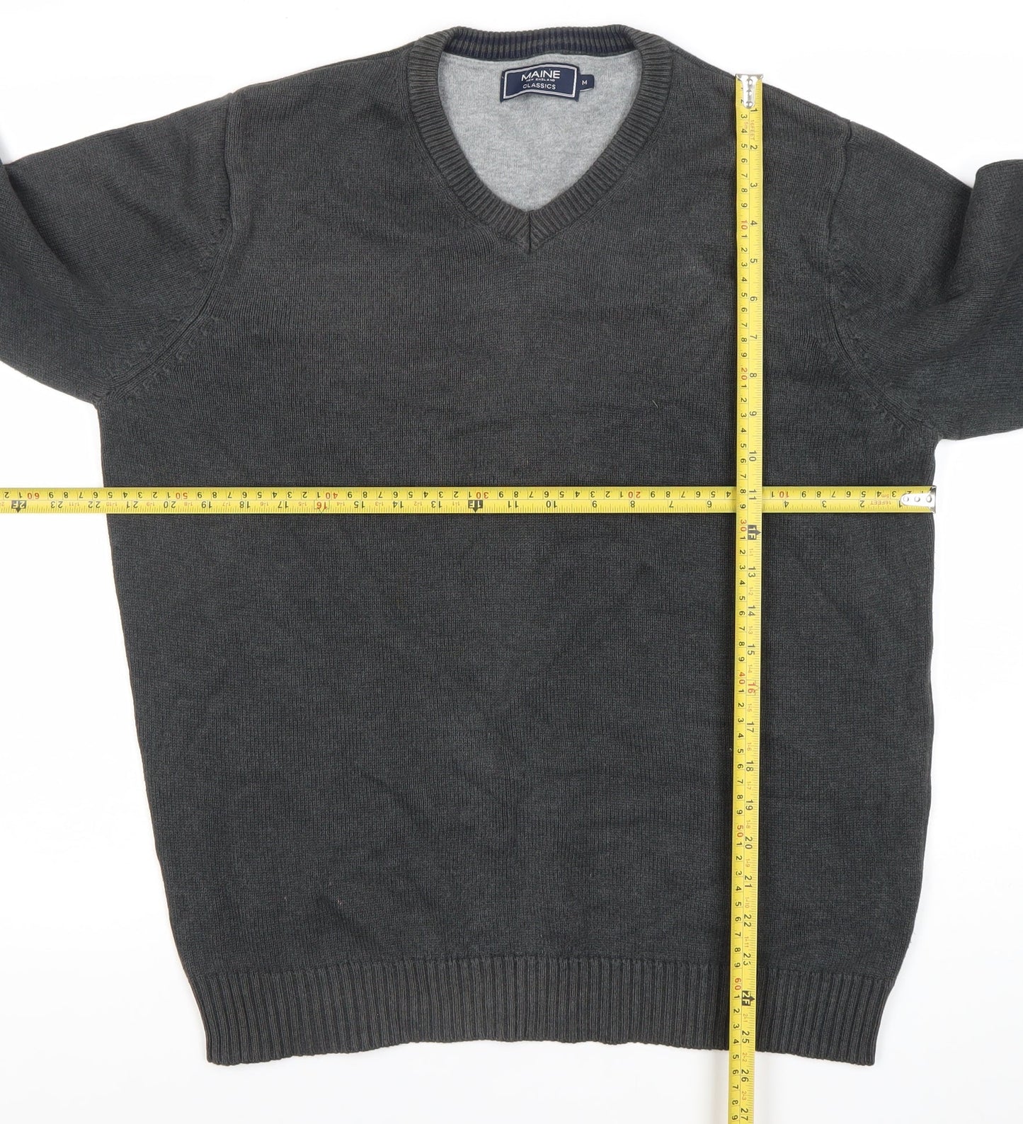 Maine New England Mens Grey Cotton V-Neck Jumper Size M