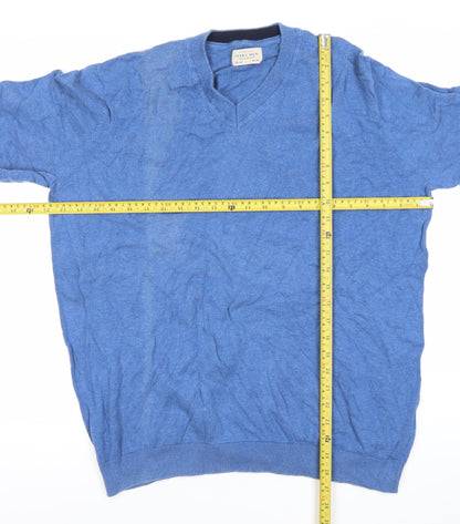 Sfera Men Blue V-Neck Cotton Pullover Jumper 2XL Regular Fit