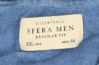 Sfera Men Blue V-Neck Cotton Pullover Jumper 2XL Regular Fit