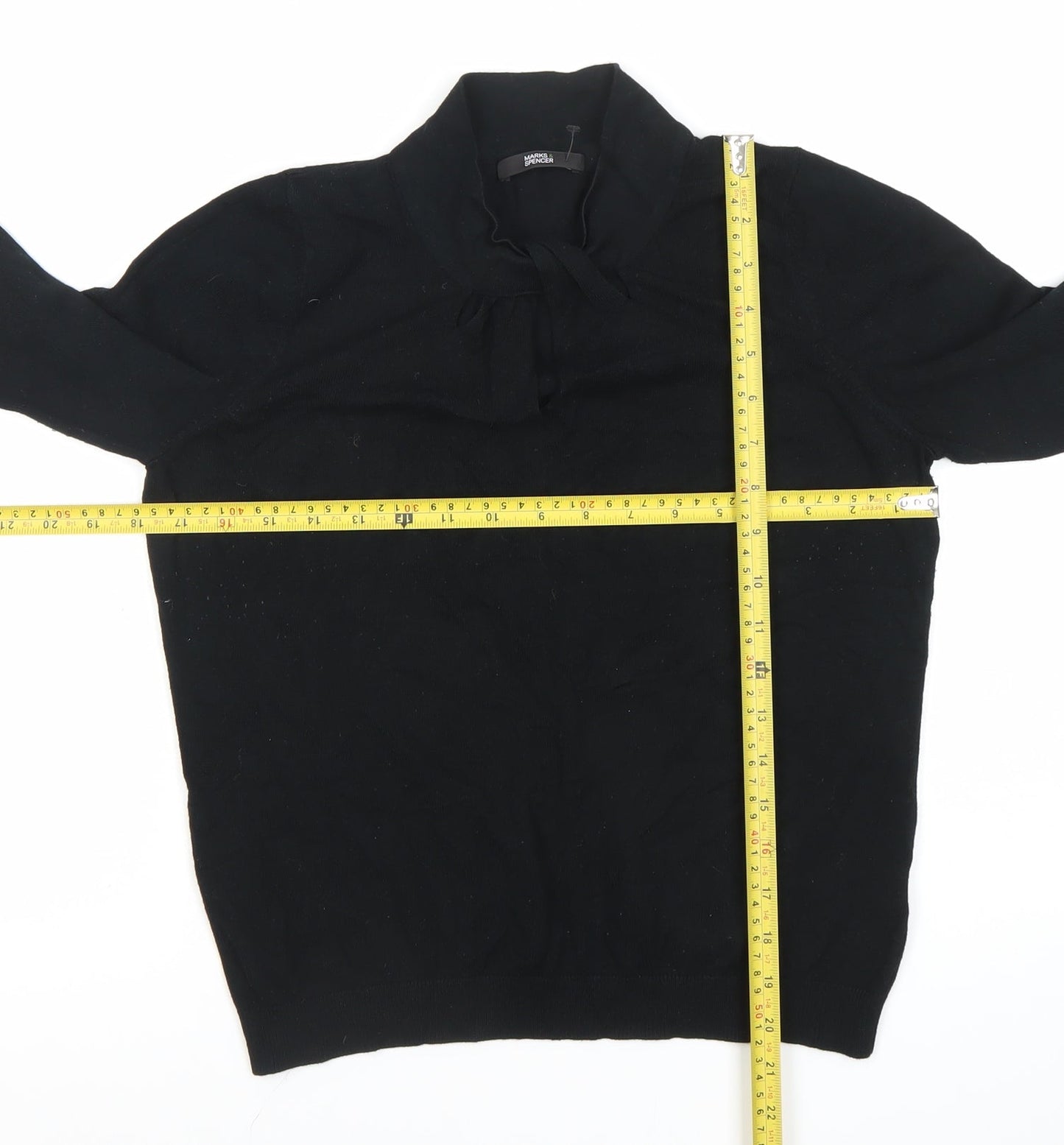 Marks and Spencer Women Black Size 14 Long Sleeve Tie Neck Blouse