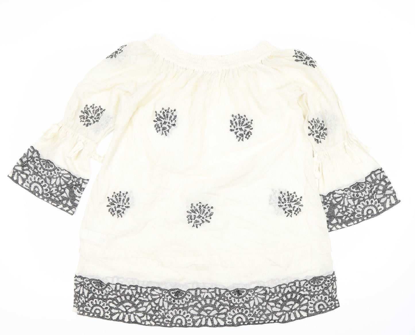 Next Womens Ivory Embroidered Cotton Shift Dress Size 12 Boho 3/4 Sleeve