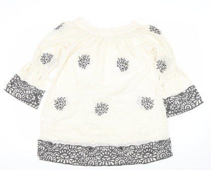 Next Womens Ivory Embroidered Cotton Shift Dress Size 12 Boho 3/4 Sleeve