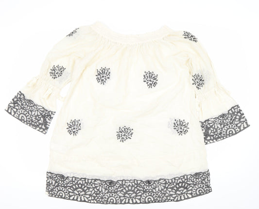 Next Womens Ivory Embroidered Cotton Shift Dress Size 12 Boho 3/4 Sleeve