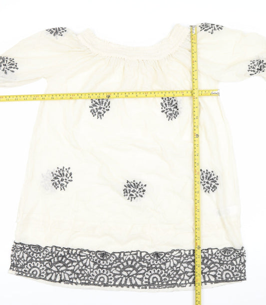 Next Womens Ivory Embroidered Cotton Shift Dress Size 12 Boho 3/4 Sleeve