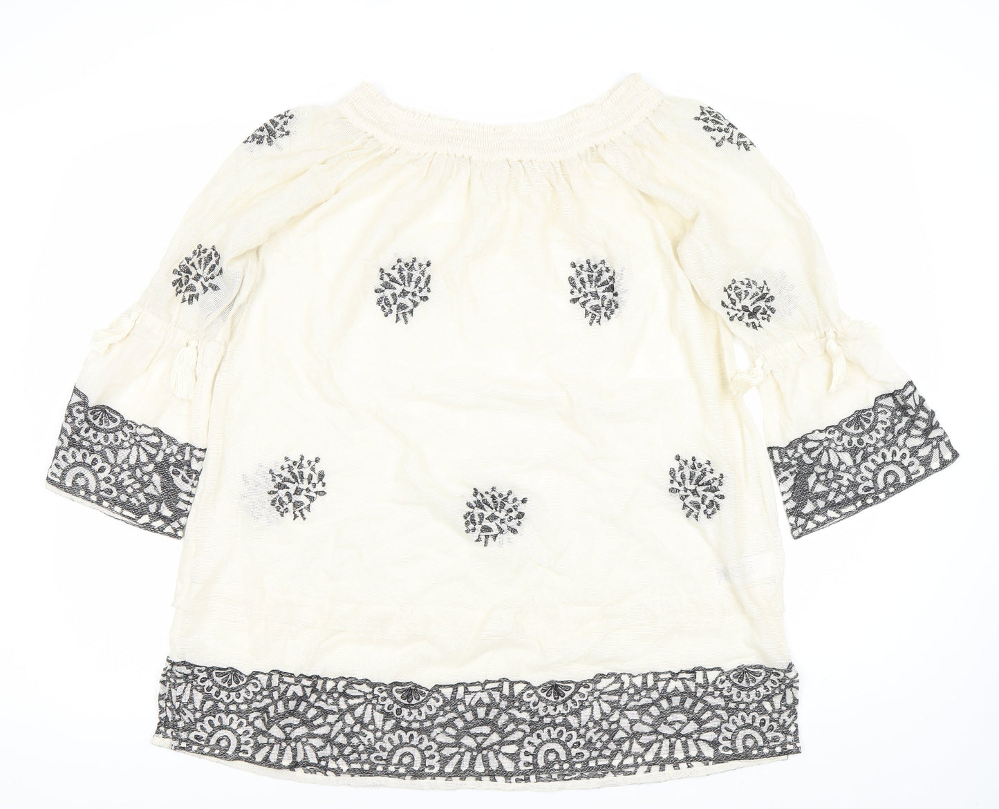 Next Womens Ivory Embroidered Cotton Shift Dress Size 12 Boho 3/4 Sleeve