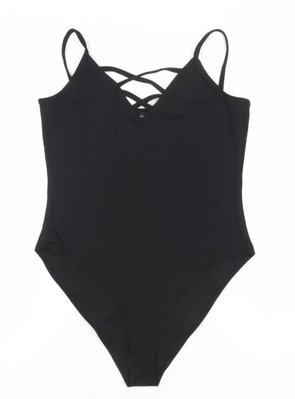 New Look Women's Black Bodysuit Size 12 Strappy V-Neck One-Piece