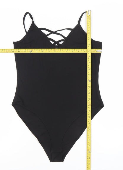 New Look Women's Black Bodysuit Size 12 Strappy V-Neck One-Piece