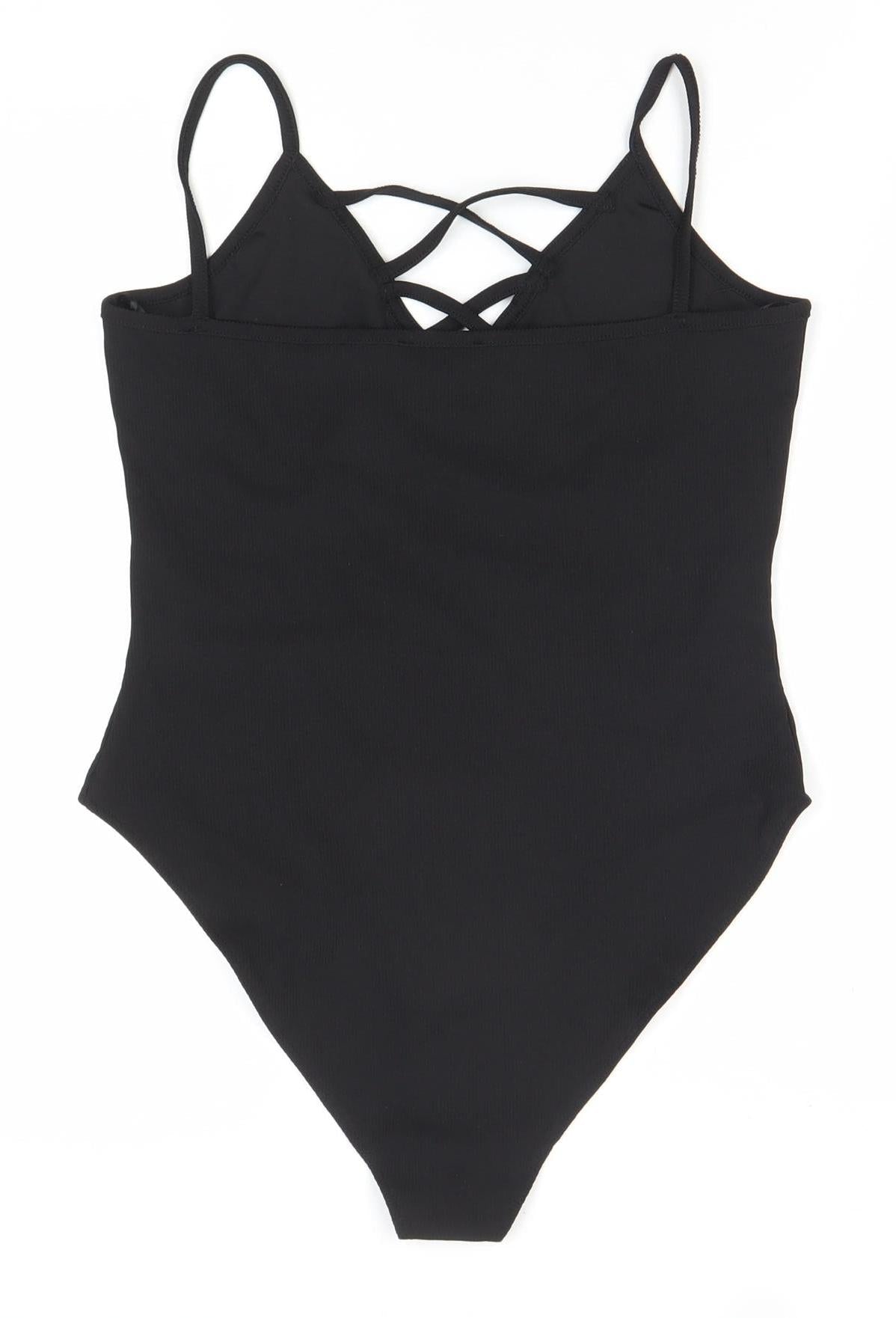 New Look Women's Black Bodysuit Size 12 Strappy V-Neck One-Piece
