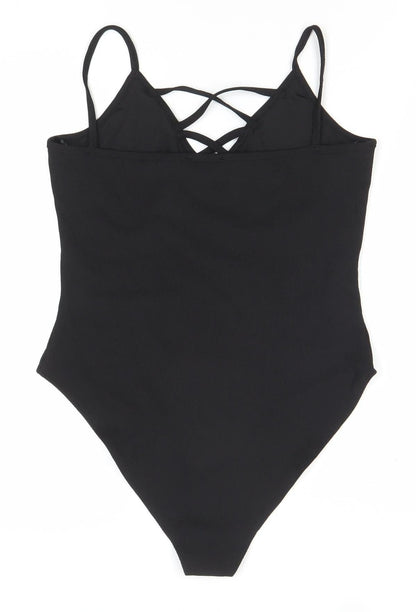 New Look Women's Black Bodysuit Size 12 Strappy V-Neck One-Piece