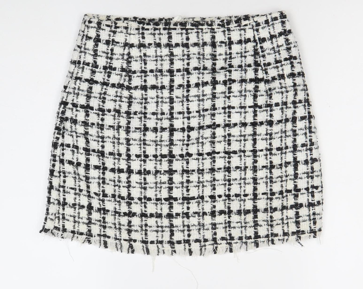 H&M Divided Womens Skirt Size 10 Black White Check Tweed Fringe Pencil