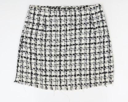 H&M Divided Womens Skirt Size 10 Black White Check Tweed Fringe Pencil