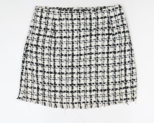 H&M Divided Womens Skirt Size 10 Black White Check Tweed Fringe Pencil