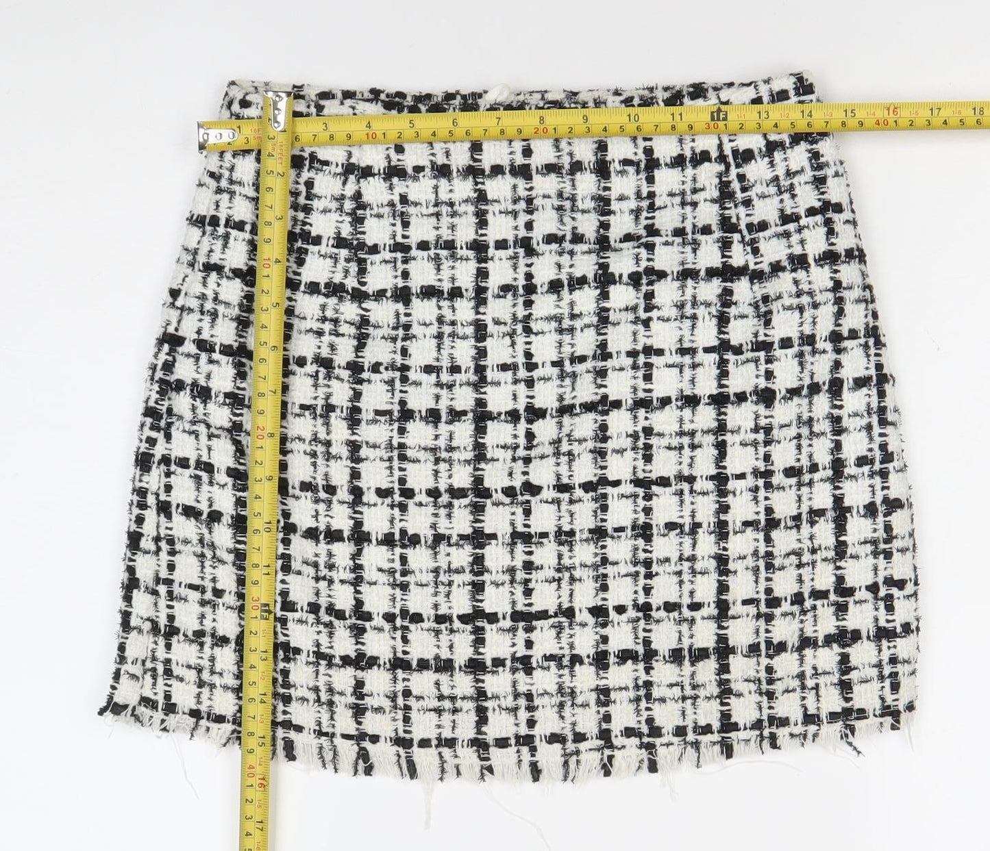 H&M Divided Womens Skirt Size 10 Black White Check Tweed Fringe Pencil