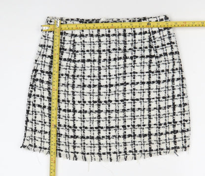 H&M Divided Womens Skirt Size 10 Black White Check Tweed Fringe Pencil
