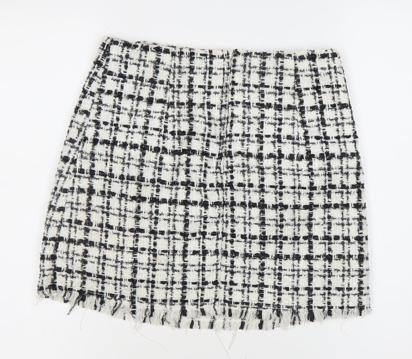 H&M Divided Womens Skirt Size 10 Black White Check Tweed Fringe Pencil