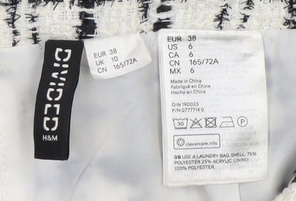 H&M Divided Womens Skirt Size 10 Black White Check Tweed Fringe Pencil