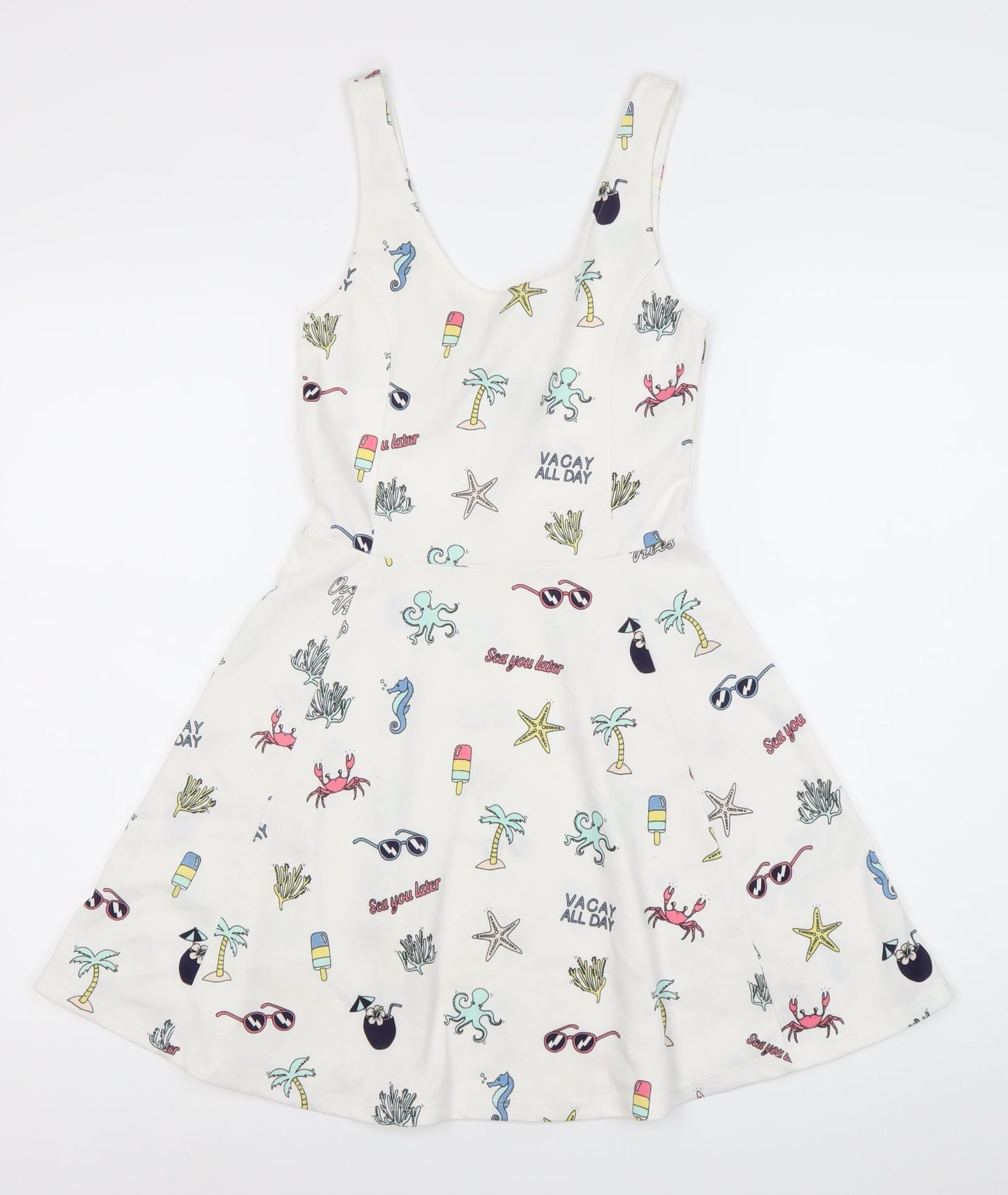 H&M Divided Women’s White Skater Dress Size 8 Summer Cartoon Print Sleeveless