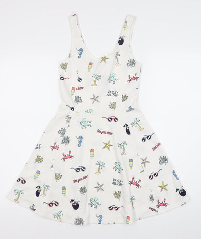H&M Divided Women’s White Skater Dress Size 8 Summer Cartoon Print Sleeveless
