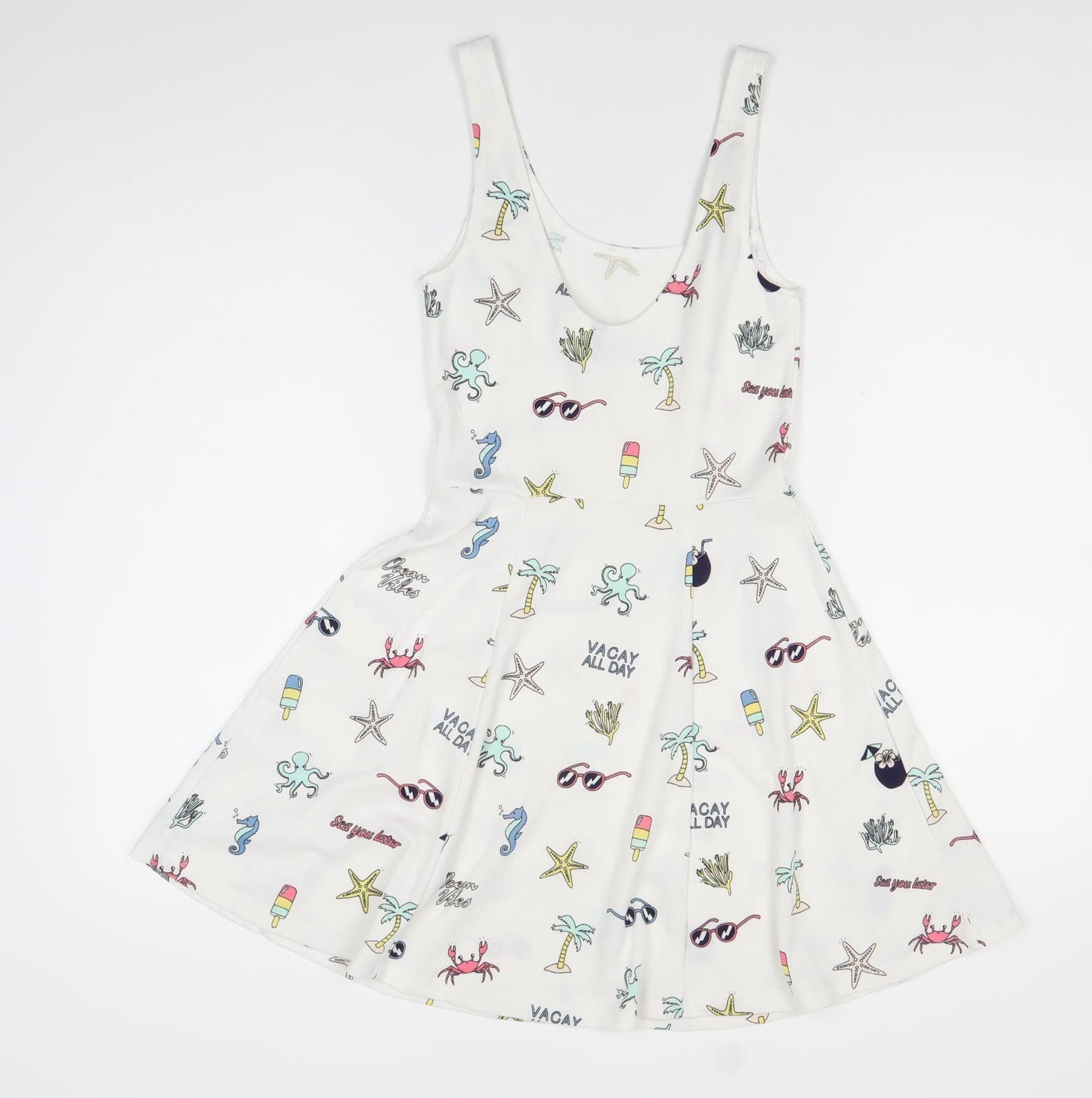 H&M Divided Women’s White Skater Dress Size 8 Summer Cartoon Print Sleeveless