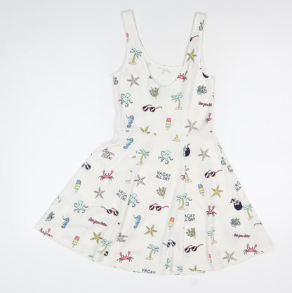H&M Divided Women’s White Skater Dress Size 8 Summer Cartoon Print Sleeveless